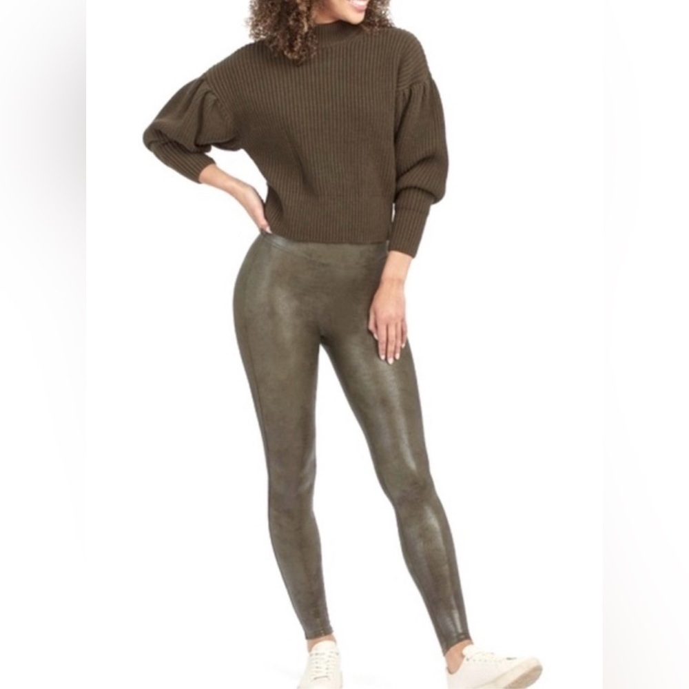Spanx Faux-Leather Leggings Olive Green, Size M